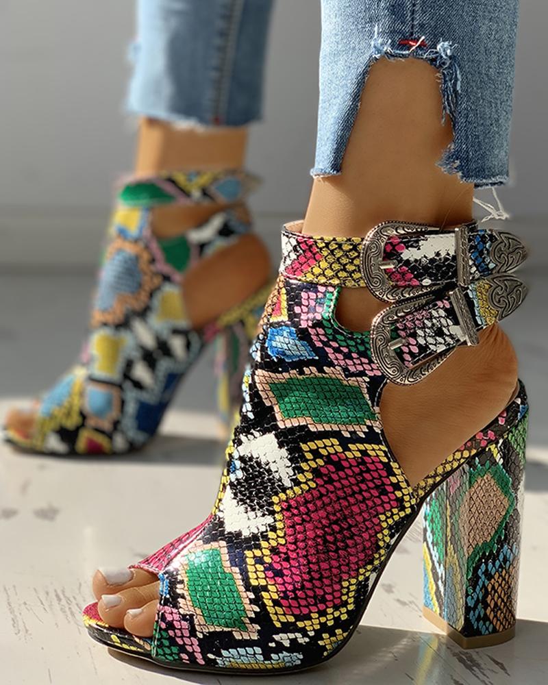 Snakeskin Ankle Buckled Chunky Heels
