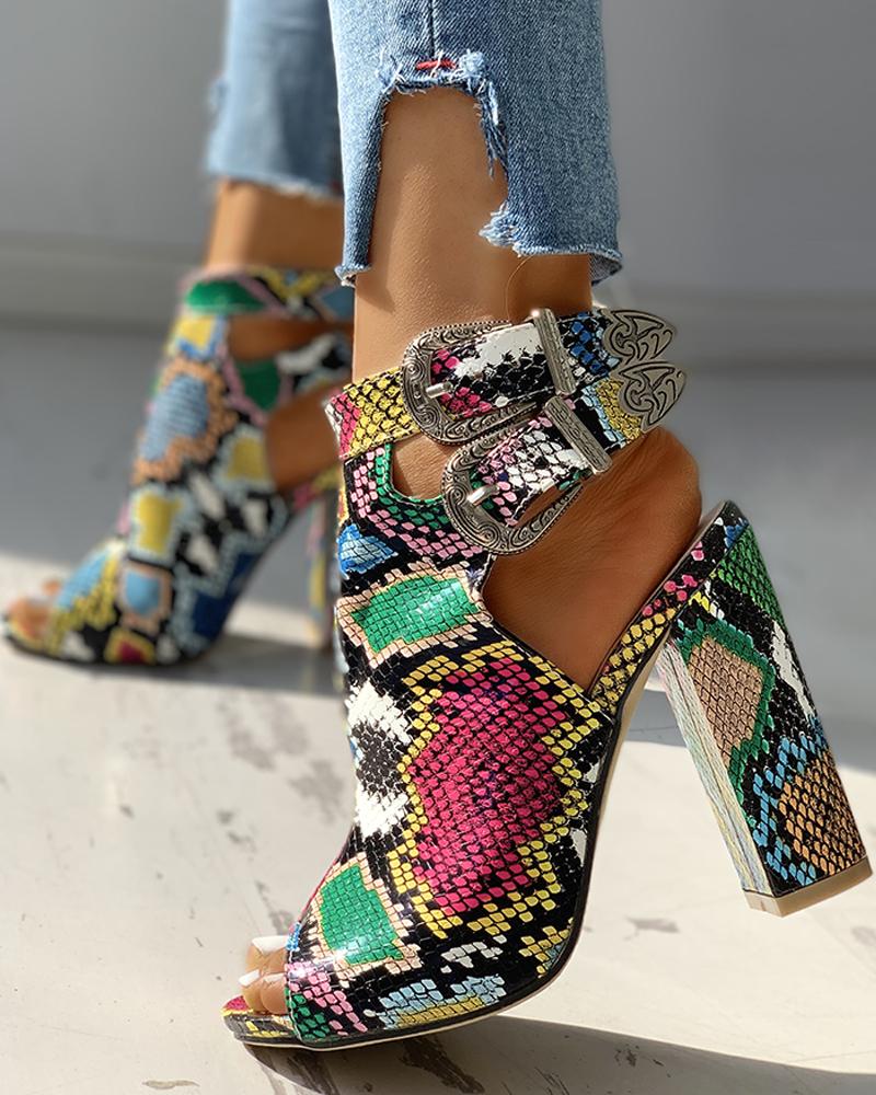 Snakeskin Ankle Buckled Chunky Heels