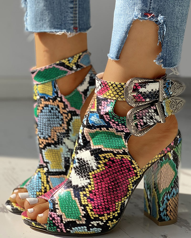 Snakeskin Ankle Buckled Chunky Heels