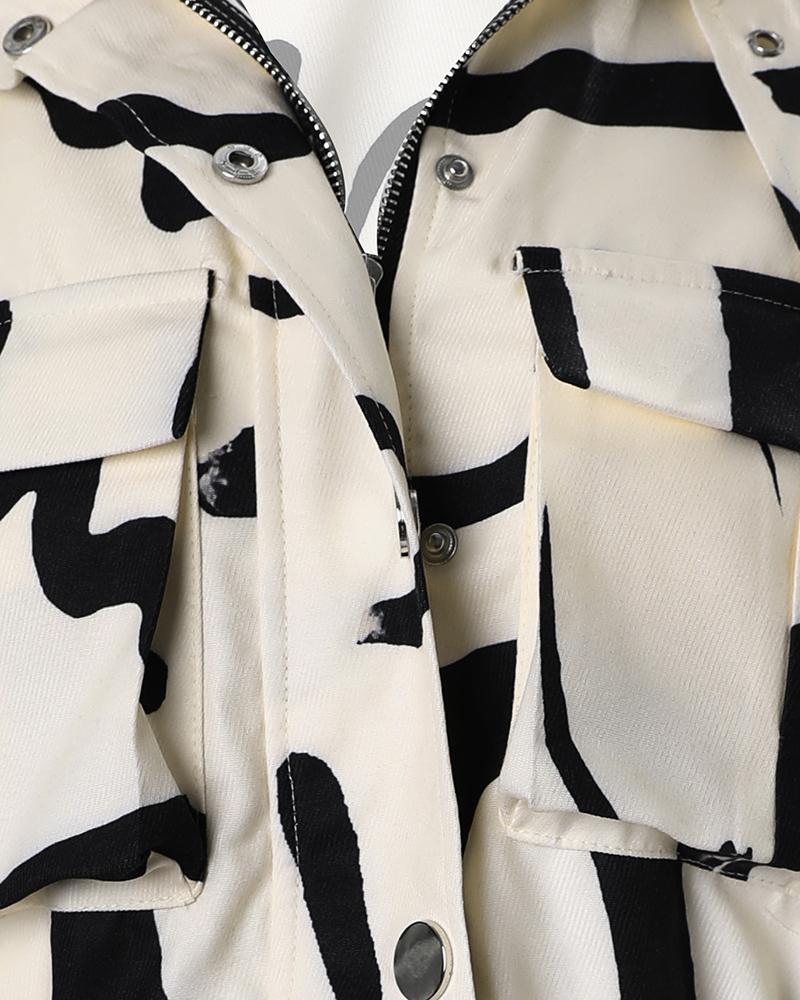 Abstract Print Long Sleeve Zip Up Biker Jacket