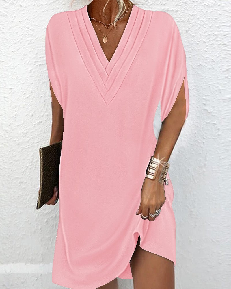 Half Sleeve V Neck Ruched Casual Dress