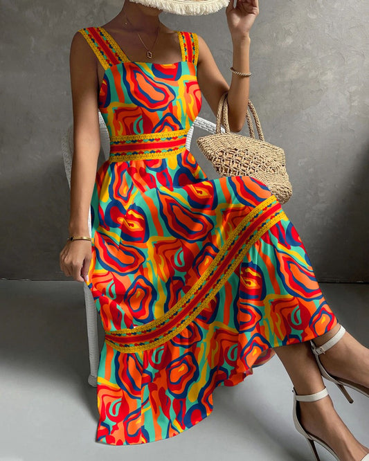 Multi Color Abstract Heart Print Sleeveless Maxi Dress