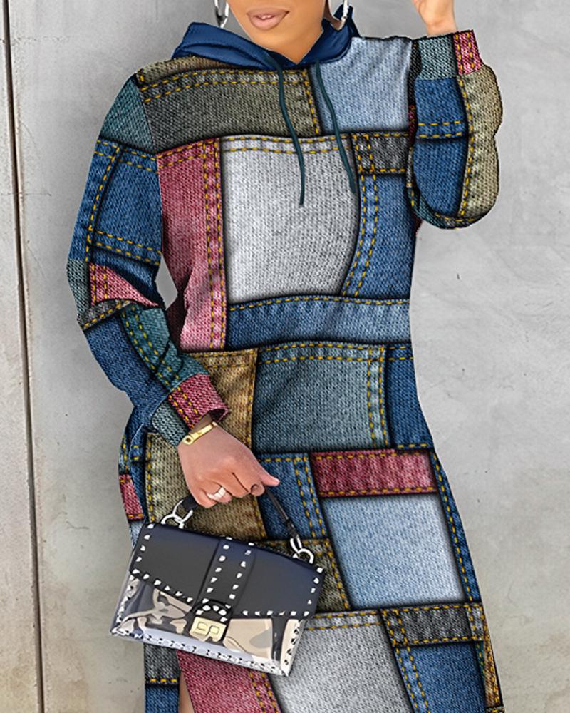 Plus Size Denim Look Print Slit Sweatshirt Dress