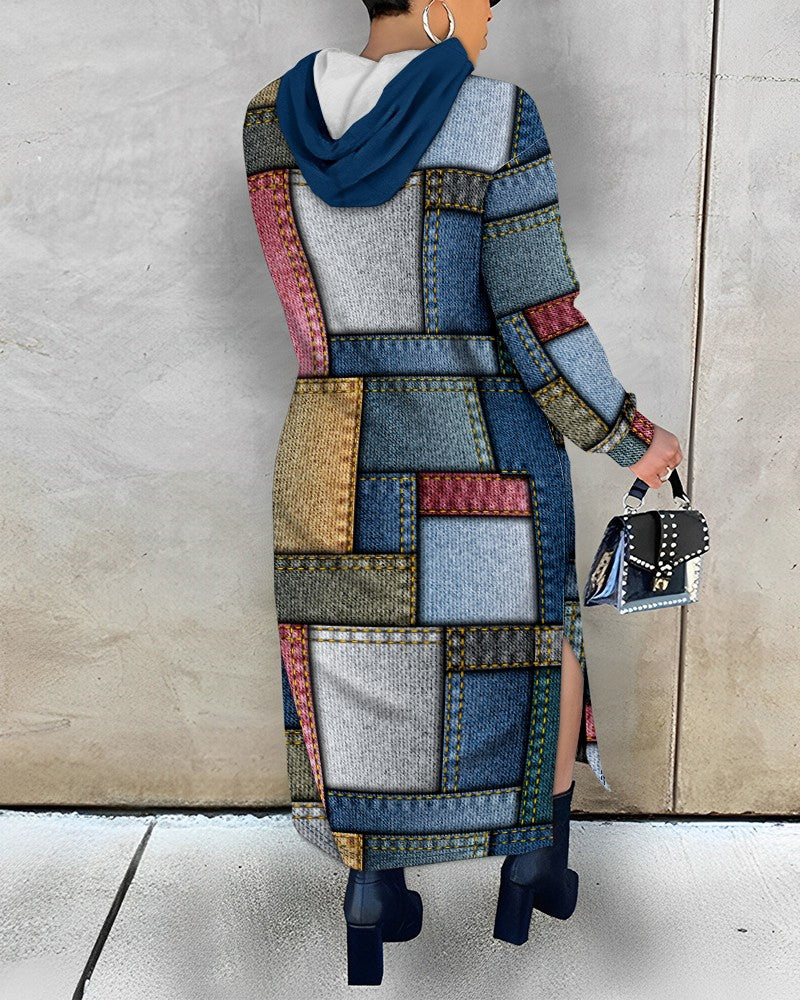 Plus Size Denim Look Print Slit Sweatshirt Dress