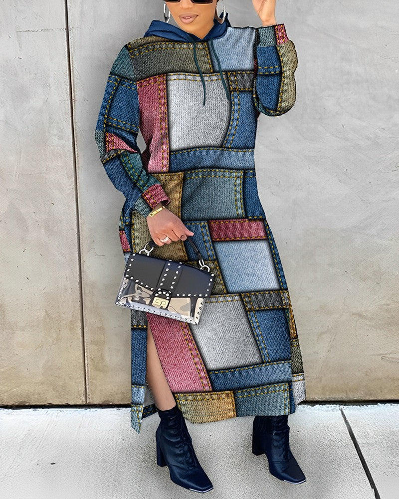 Plus Size Denim Look Print Slit Sweatshirt Dress