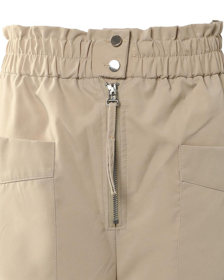 Zipper Button Pocket Design Shirring Detail Pants