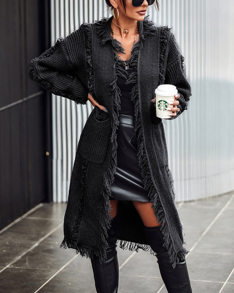 Open Front Tassel Design Knit Cardigan