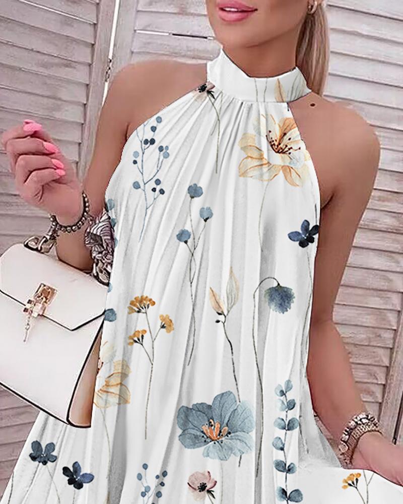 Floral Print Halter Casual Pleated Dress