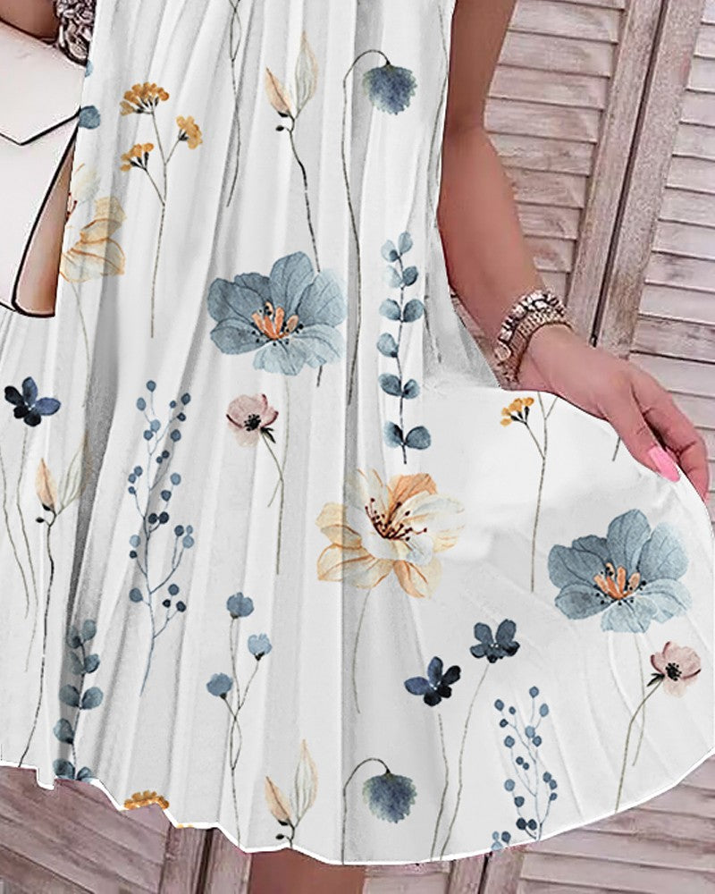 Floral Print Halter Casual Pleated Dress