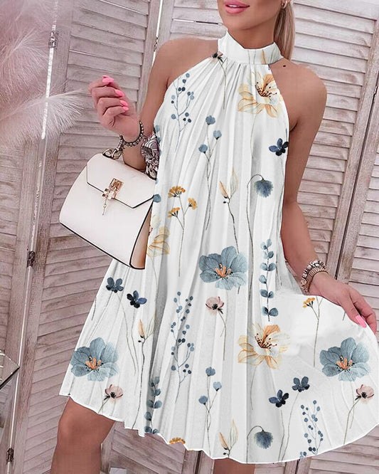 Floral Print Halter Casual Pleated Dress
