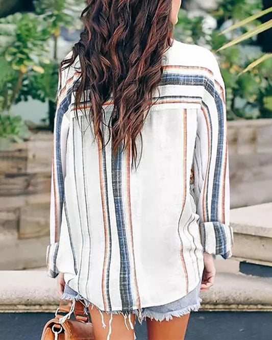 Striped Print Long Sleeve Button Design Casual Shirt