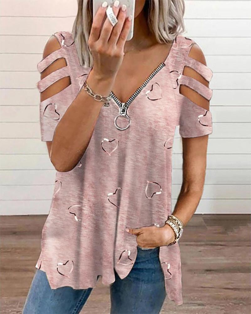 Heart Print Ladder Cutout Zip Front Top