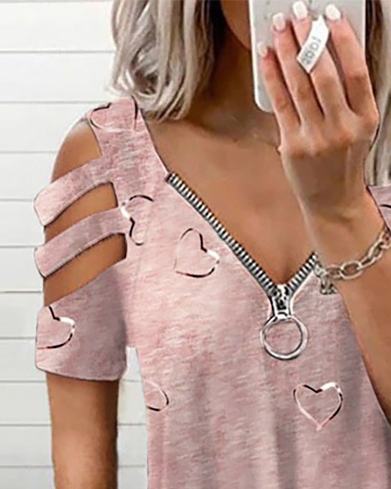 Heart Print Ladder Cutout Zip Front Top