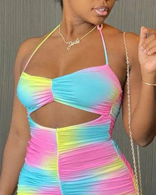 Ombre Cutout Ruched Halter Bodycon Dress