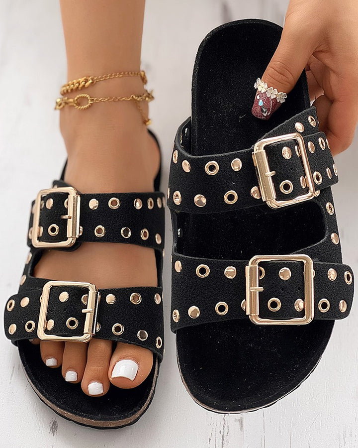 Eyelet Buckled Double Strap Casual Slippers