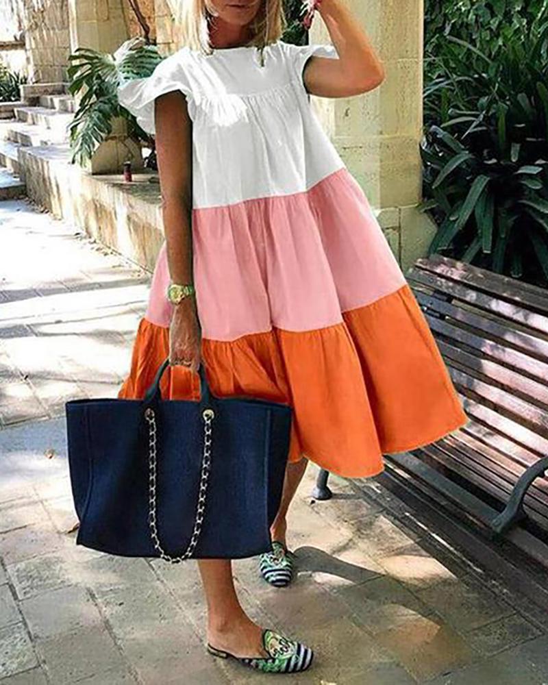 Colorblock Ruched Bell Sleeve Casual Dress