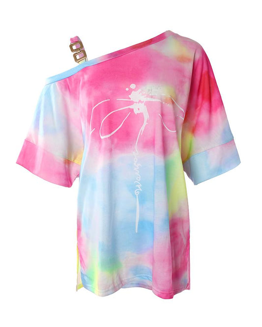 Tie Dye Floral Print Cold Shoulder T shirt