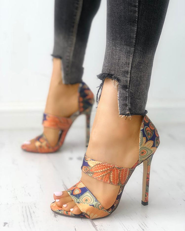 Peacock Feather Print Double Band Stiletto Heels