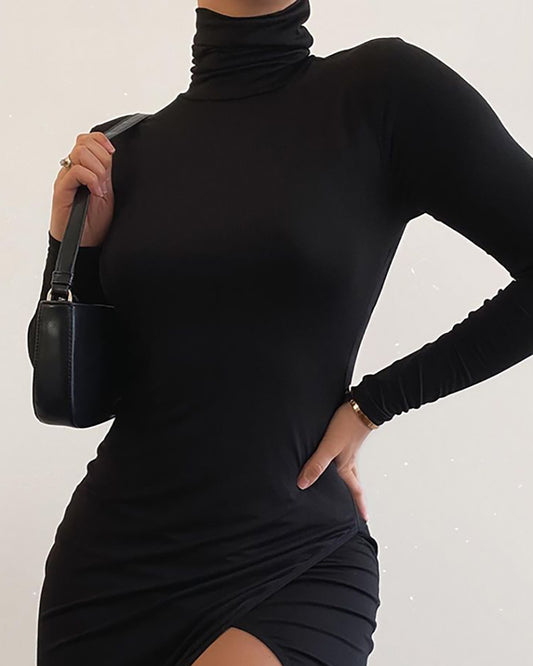 Ruched High Neck Long Sleeve Slit Skinny Dress