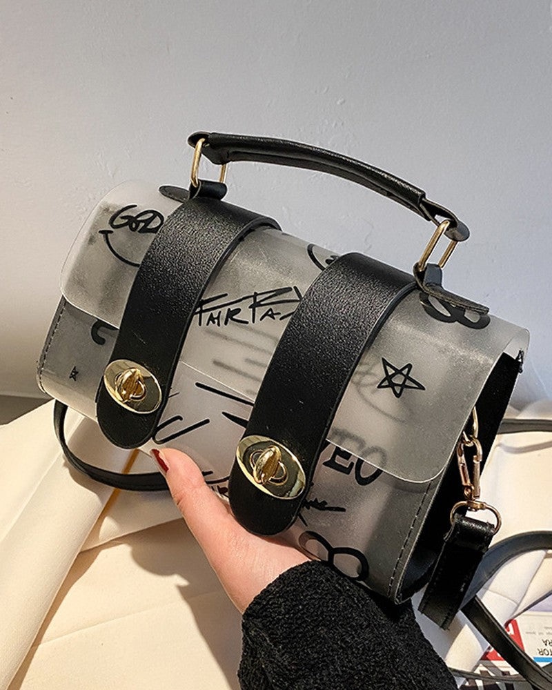 Graffiti Print Twist Lock Clear Flap Shoulder Bag With Handle