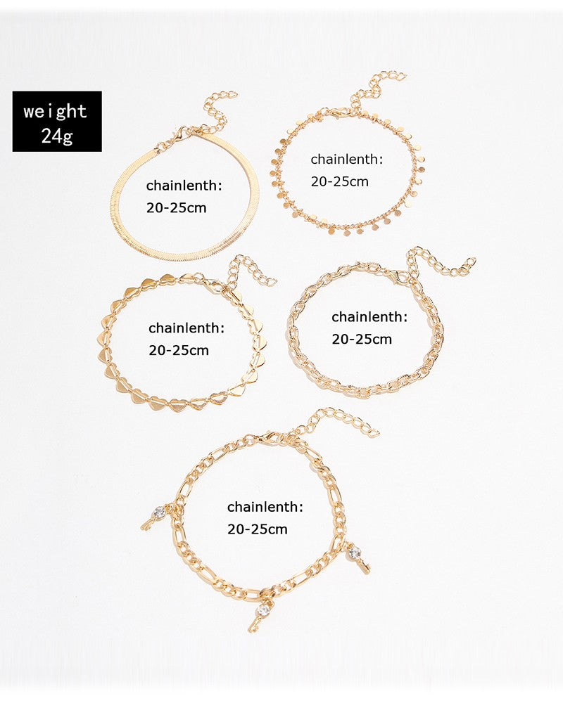 5pcs Disc Heart Rhinestone Key Pendant Chain Anklets Set