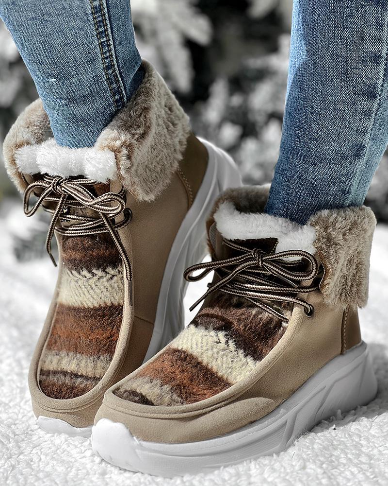 Colorblock Geometric Lace up Fuzzy Lined Ankle Boots