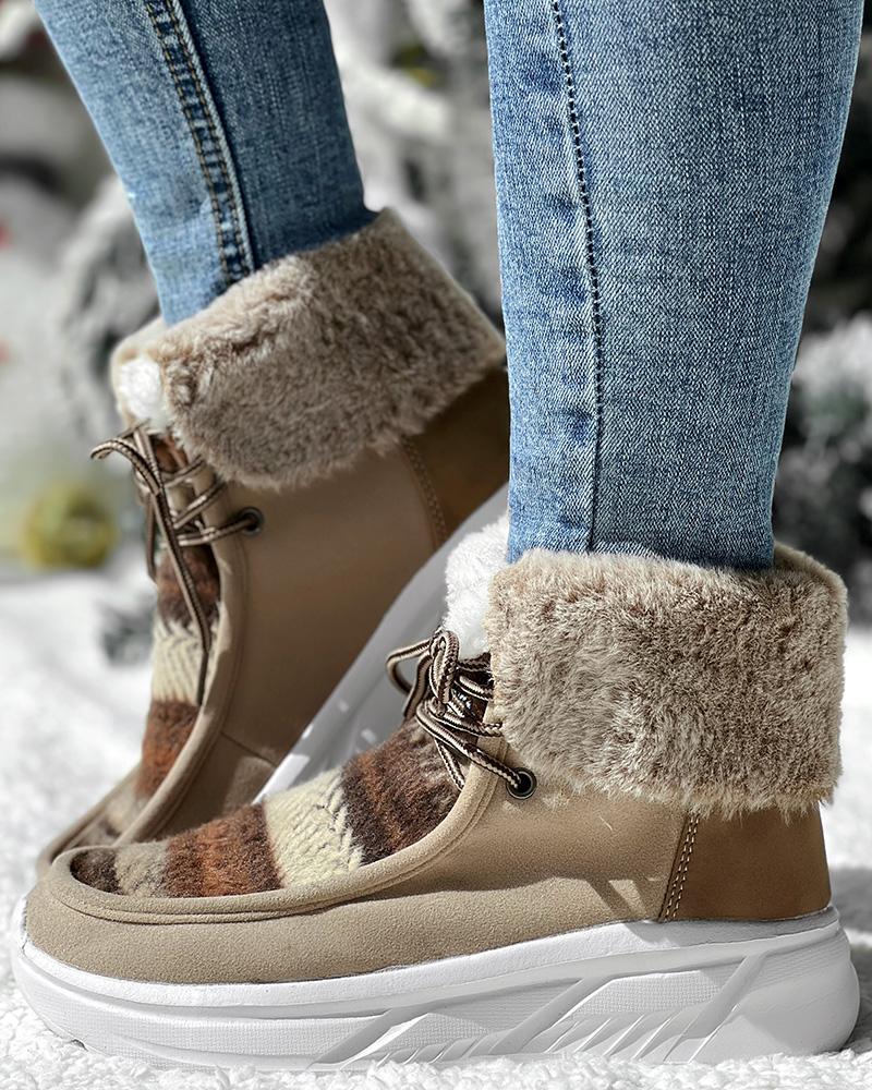 Colorblock Geometric Lace up Fuzzy Lined Ankle Boots