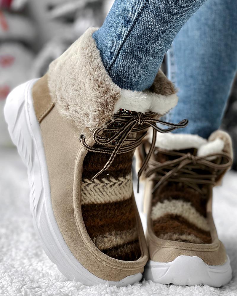 Colorblock Geometric Lace up Fuzzy Lined Ankle Boots