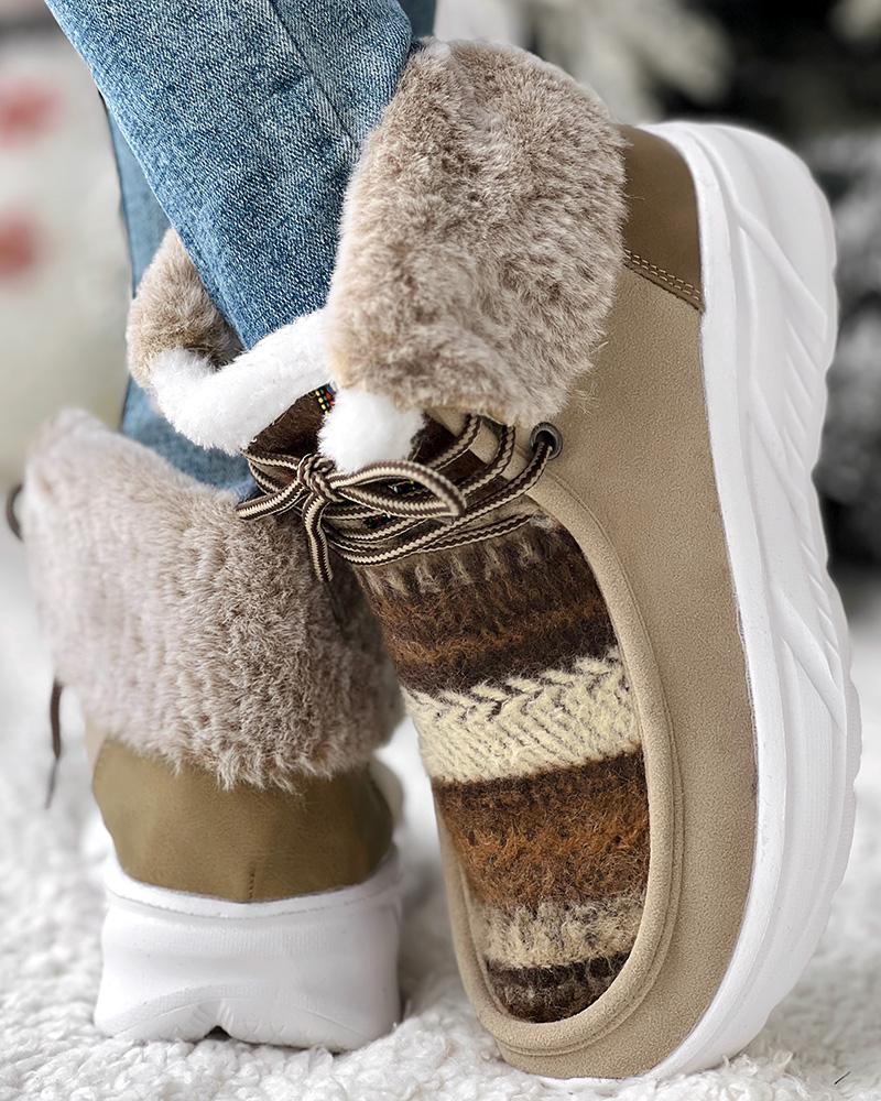 Colorblock Geometric Lace up Fuzzy Lined Ankle Boots