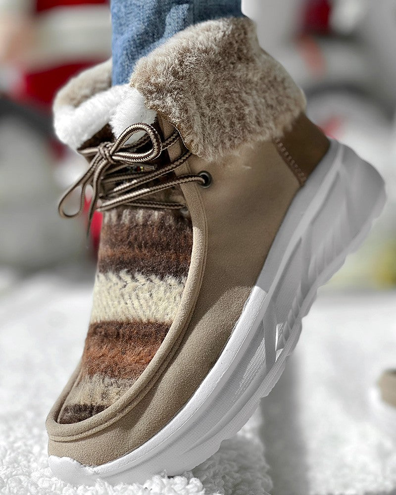 Colorblock Geometric Lace up Fuzzy Lined Ankle Boots