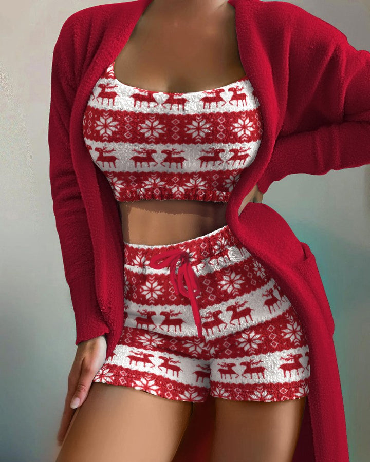 3PCS Christmas Fair Isle Pattern Print Fluffy Cami Set With Cardigan