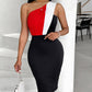 Colorblock One Shoulder Sleeveless Skinny Party Dress