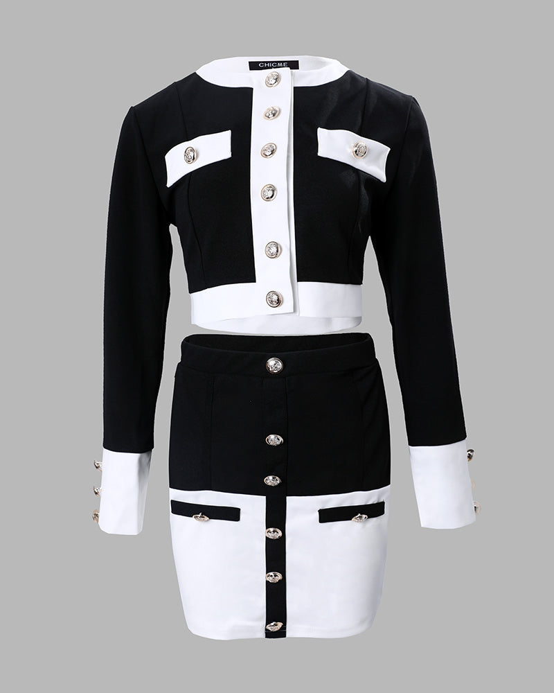 Colorblock O Neck Coat & Buttoned Skirt Set