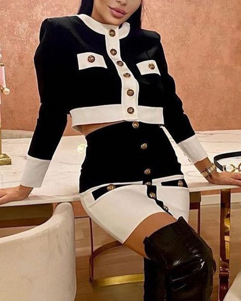 Colorblock O Neck Coat & Buttoned Skirt Set