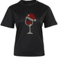 Christmas Hat Wine Glass Print Short Sleeve T shirt
