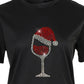 Christmas Hat Wine Glass Print Short Sleeve T shirt