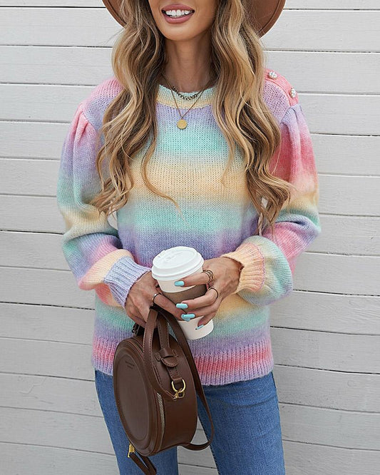 Rainbow Tie Dye Print Button Decor Knit Sweater