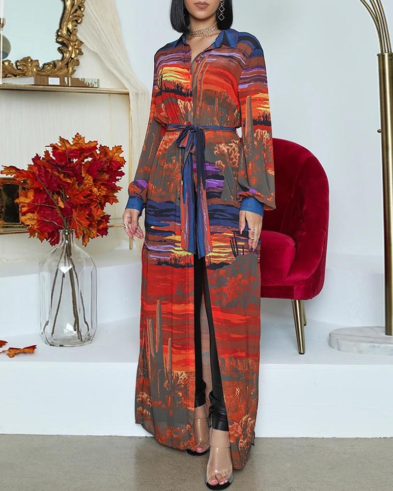 Lantern Sleeve Mixed Print Slit Longline Coat
