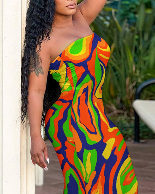 Multi Color Abstract Print Bandeau Mermaid Dress