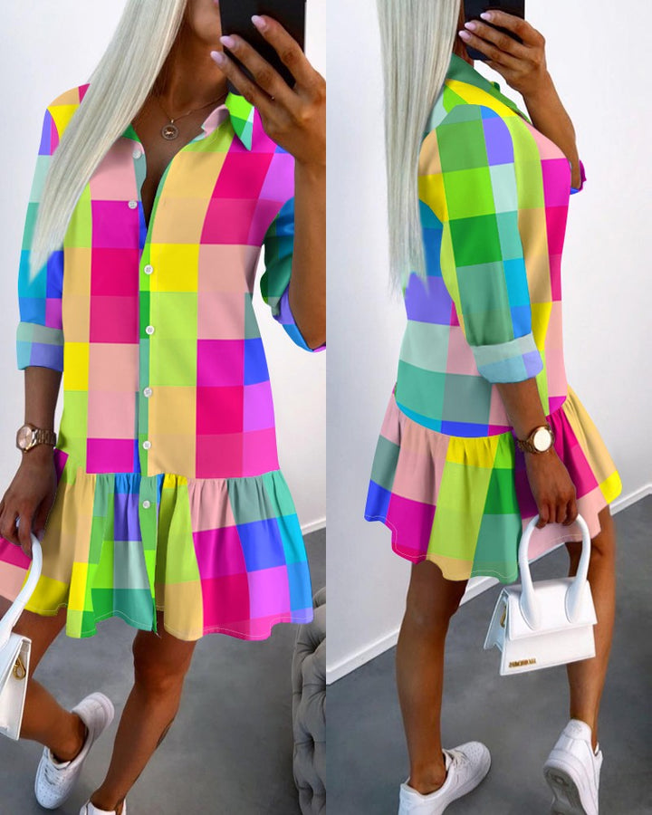 Colorful Plaid Print Buttoned Ruffle Hem Shirt Dress