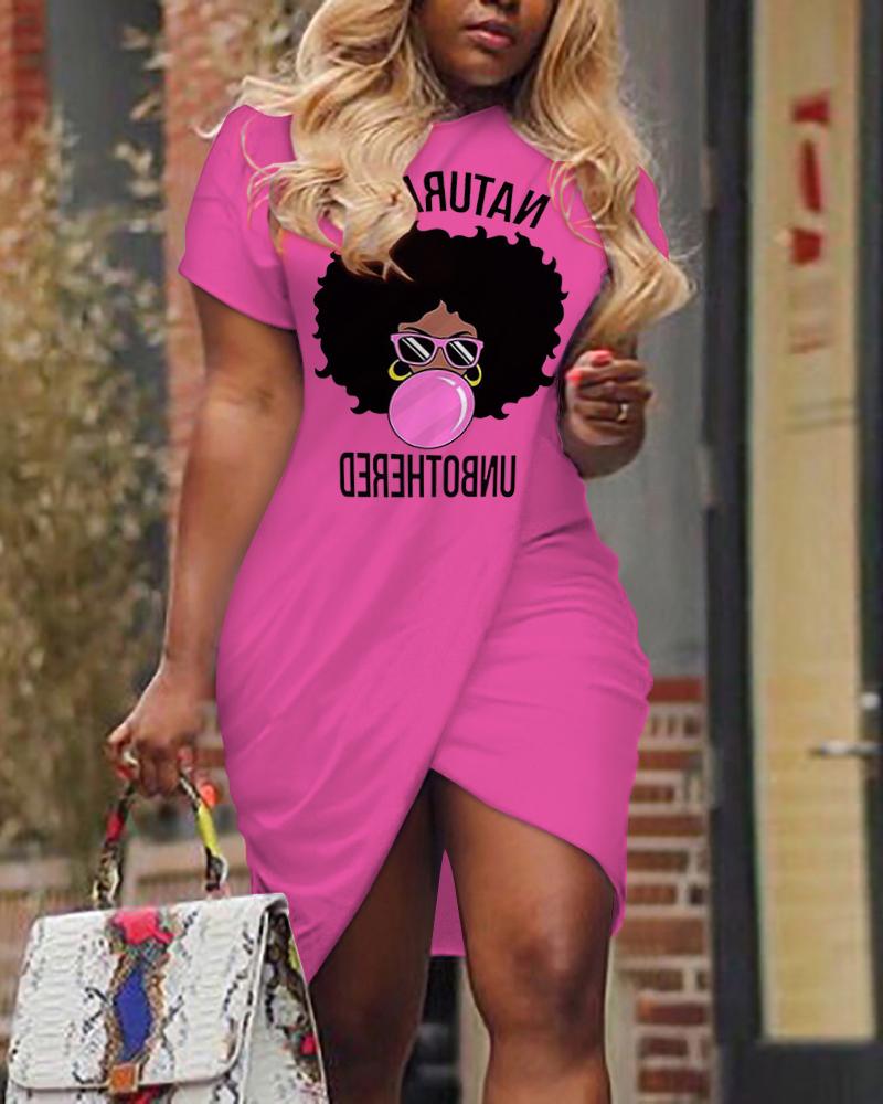 Letter Figure Print Overlap Wrap Casual Dress