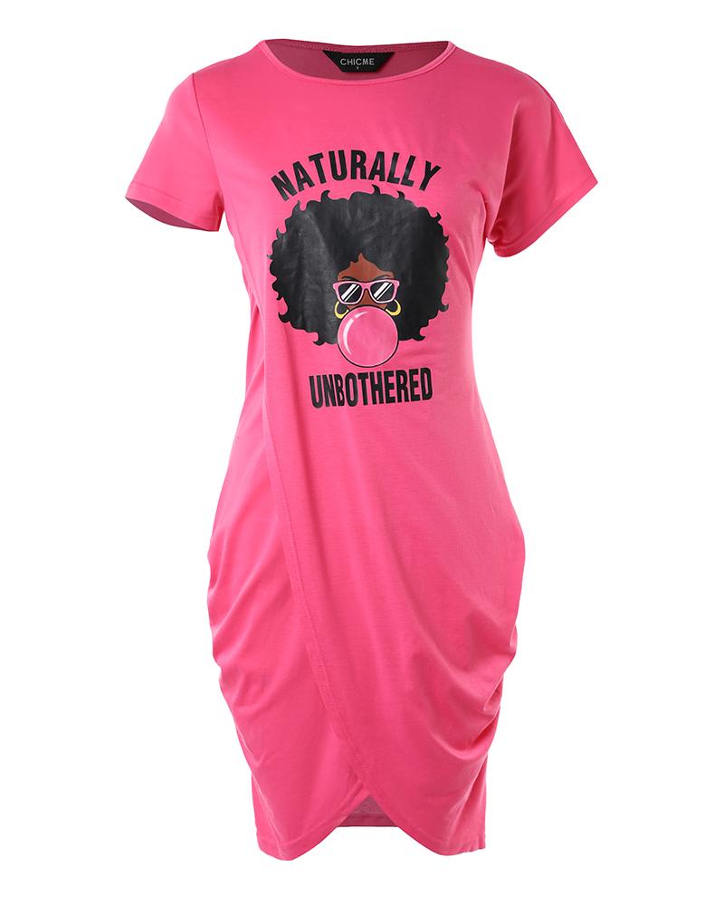 Letter Figure Print Overlap Wrap Casual Dress