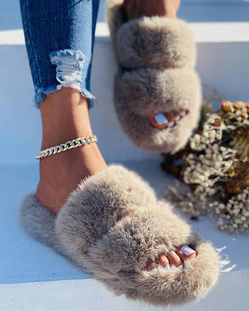 Fluffy Double Band Peep Toe Slippers