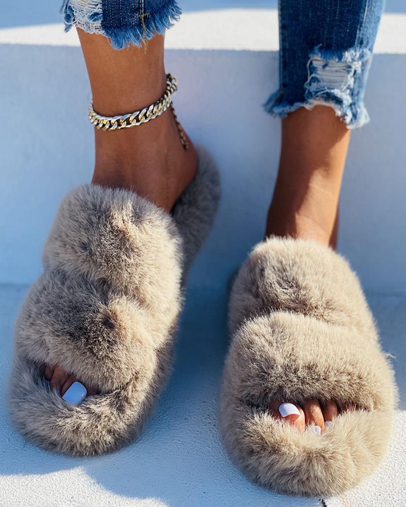 Fluffy Double Band Peep Toe Slippers