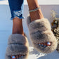 Fluffy Double Band Peep Toe Slippers