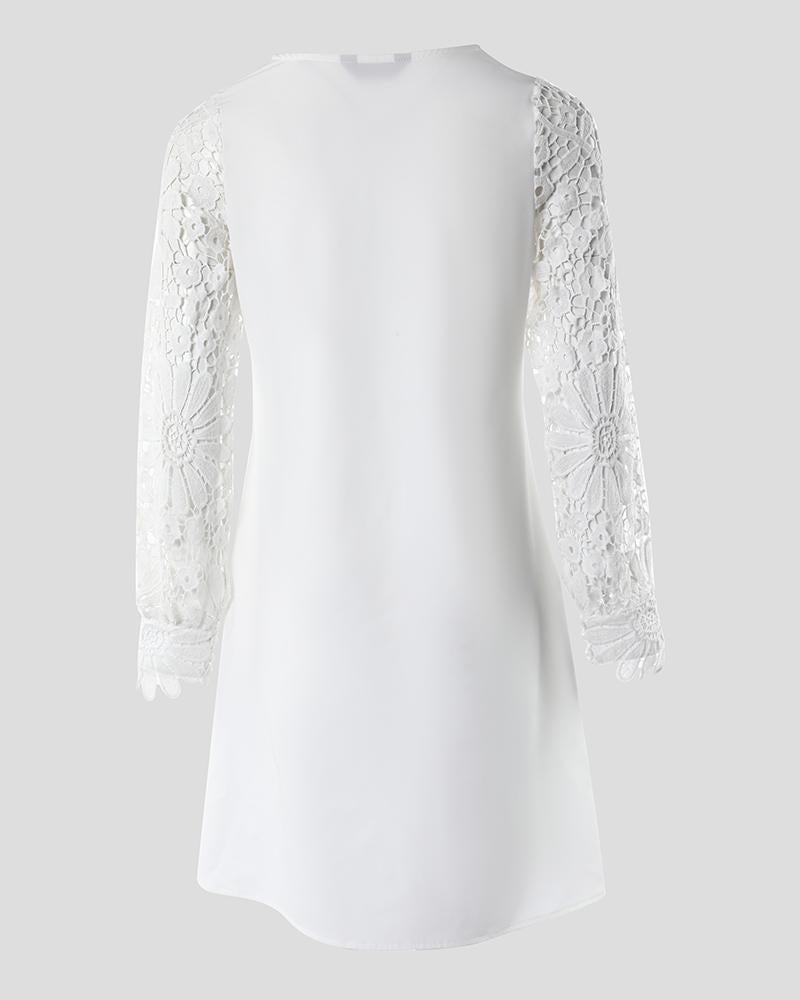 Contrast Lace Lantern Sleeve Casual Dress