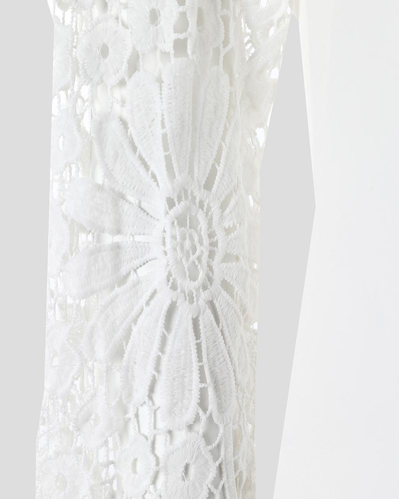 Contrast Lace Lantern Sleeve Casual Dress