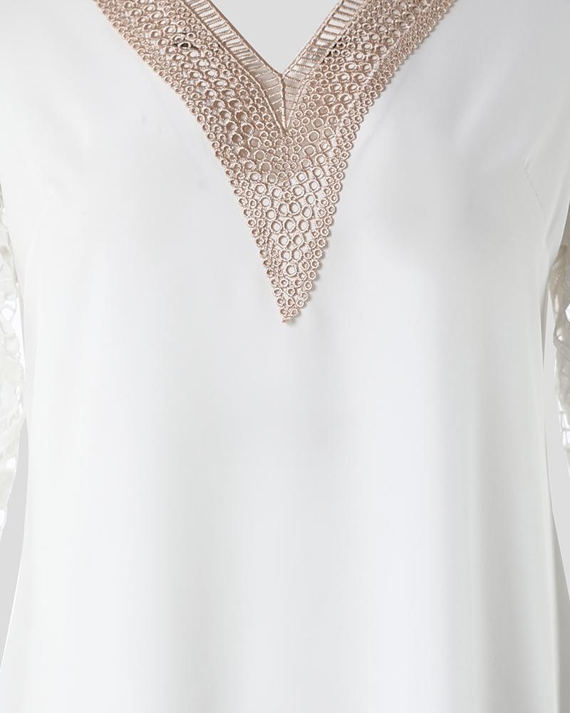 Contrast Lace Lantern Sleeve Casual Dress