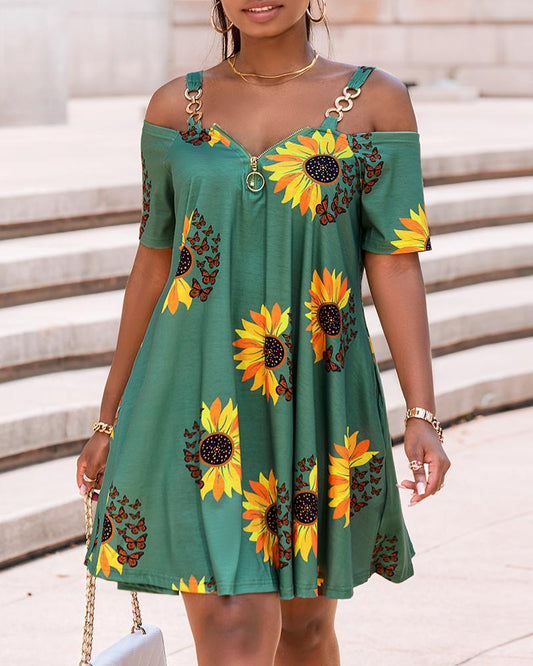 Sunflower Butterfly Print Cold Shoulder Swing Dress