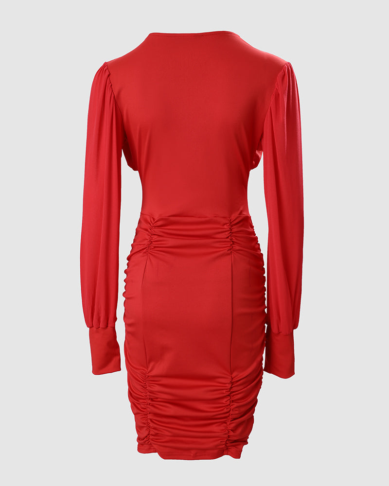 Contrast Mesh Puff Sleeve Ruched Bodycon Dress
